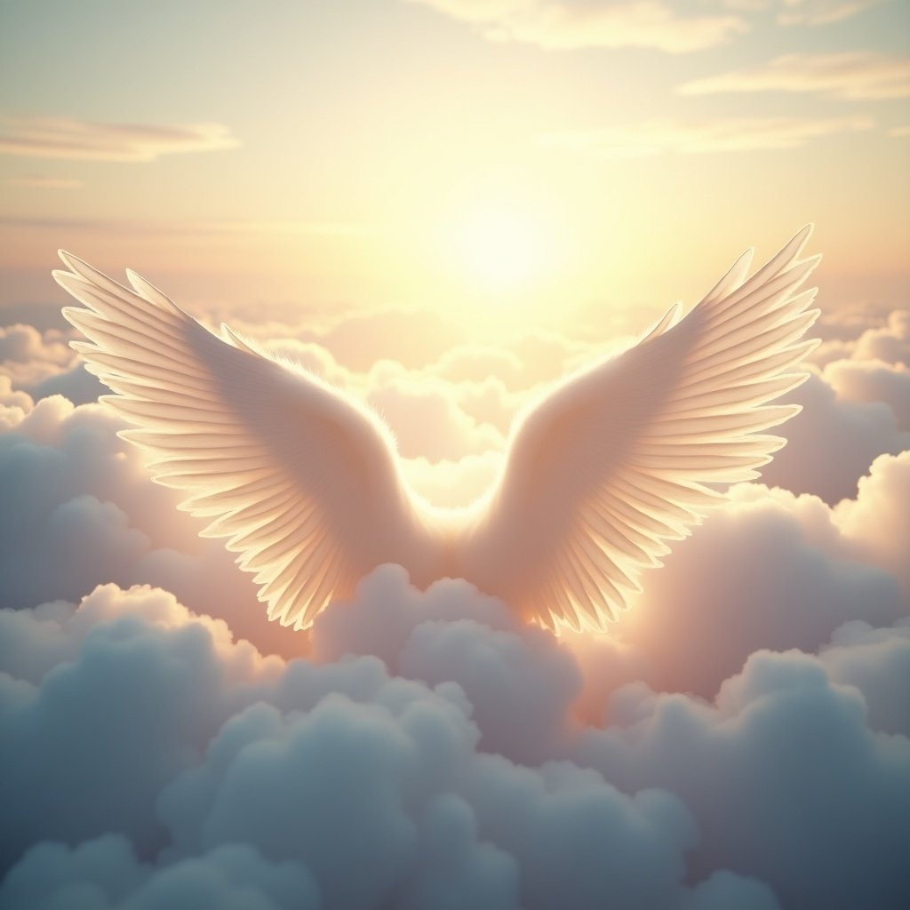 Angel wings depicted in a heavenly scene with soft clouds and warm sunlight.