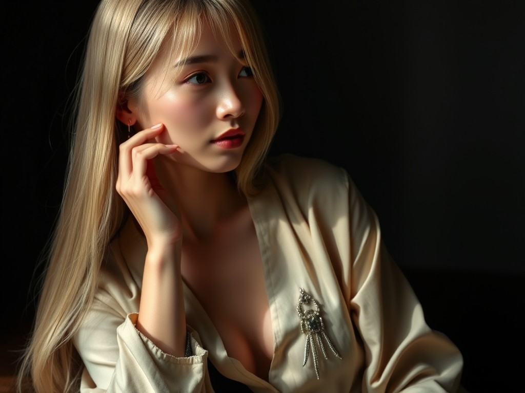 A woman in a silk robe gazing thoughtfully into the distance, illuminated by soft light.