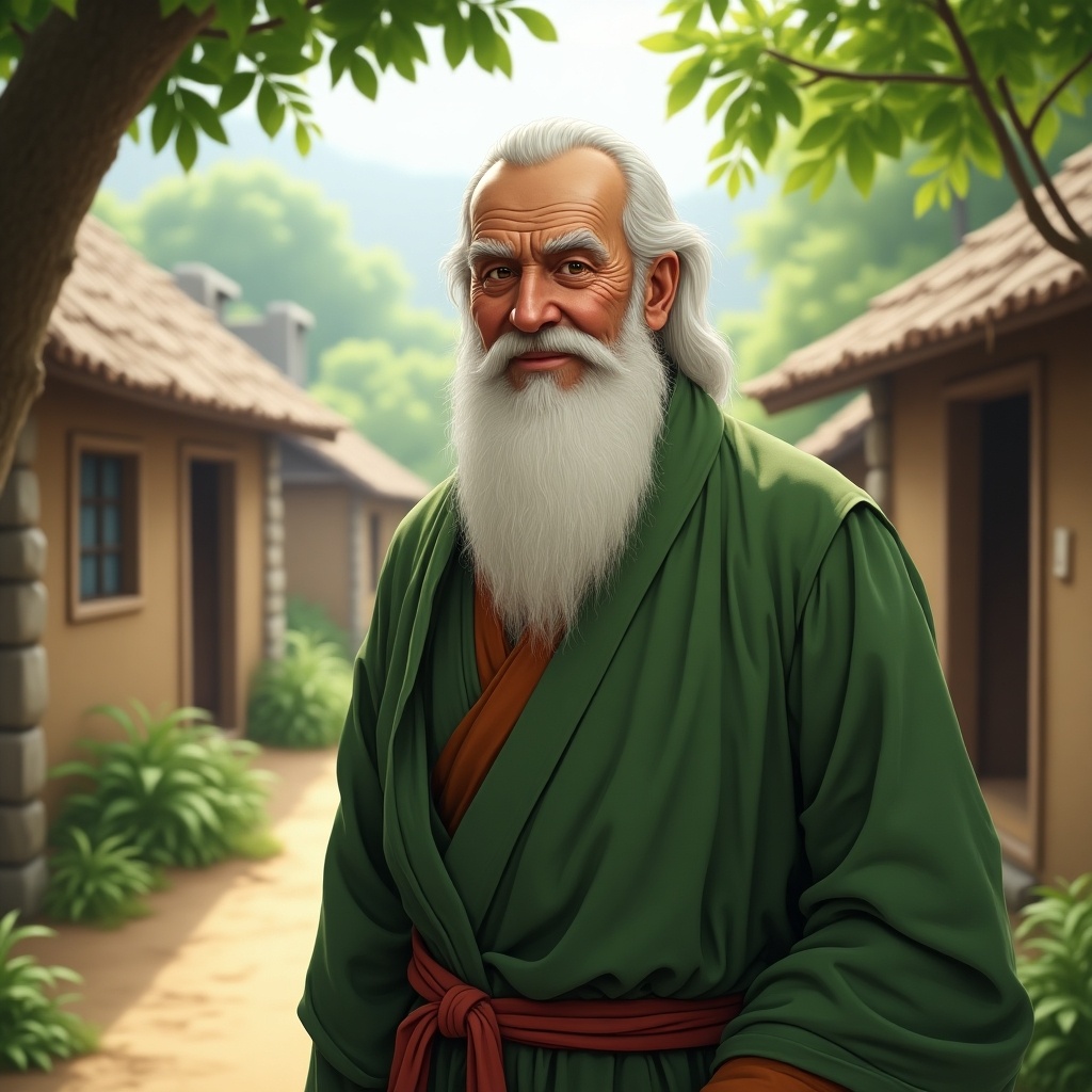 Elderly wise man in green robes with serene expression standing in village. Background features simple huts and lush greenery, sunlight filtering through leaves.