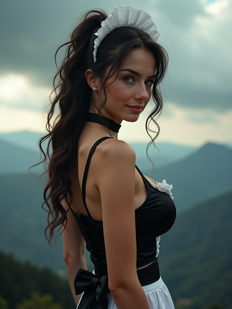 A woman in a maid outfit with a scenic mountain background, soft natural lighting, and a serene ambiance.