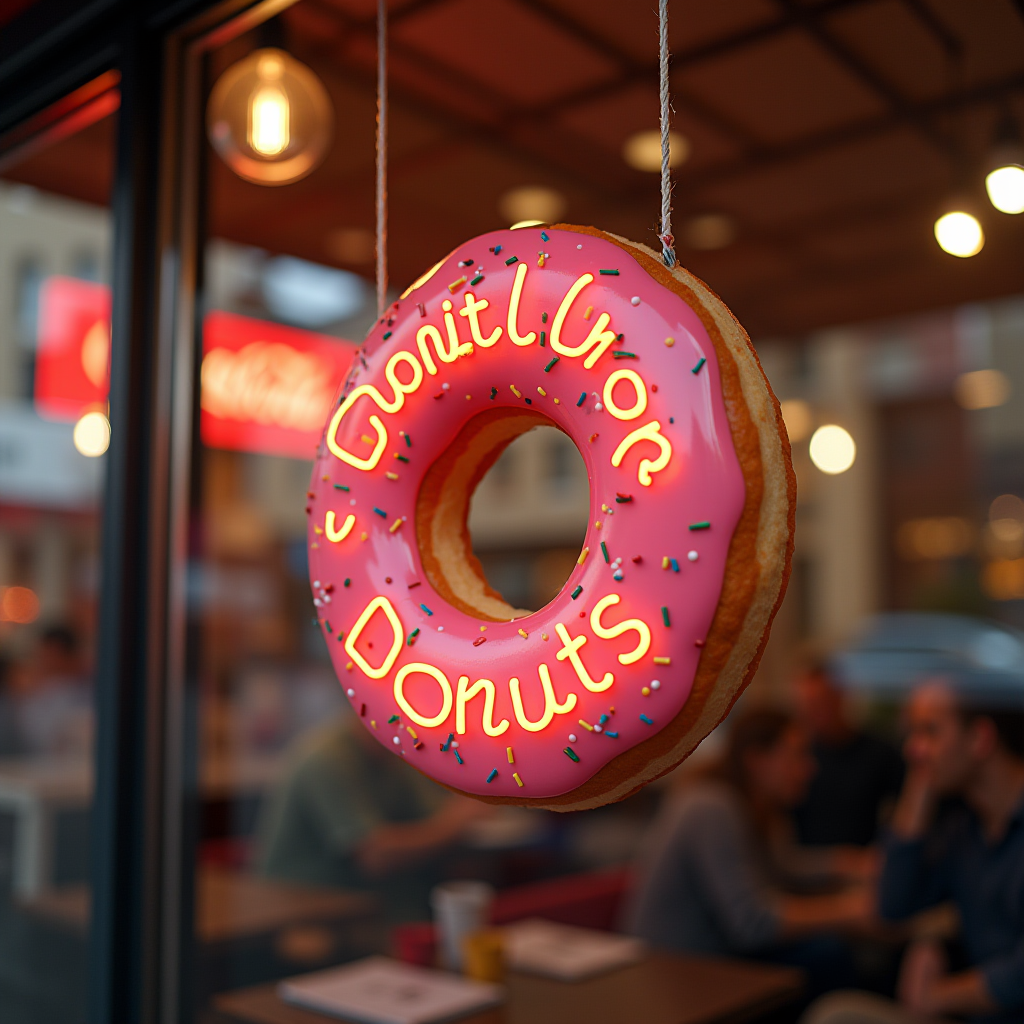 A large donut sign with pink frosting and sprinkles hangs in a cafe window, illuminated by neon lights.