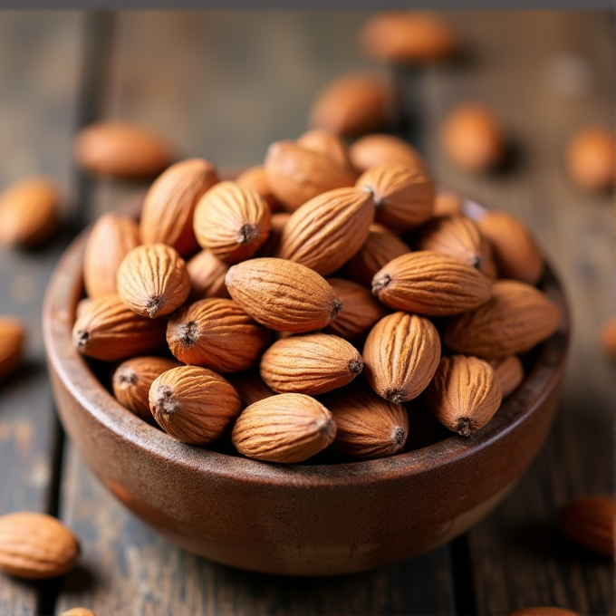 A wooden bowl filled with whole almonds is placed on a rustic wooden table.