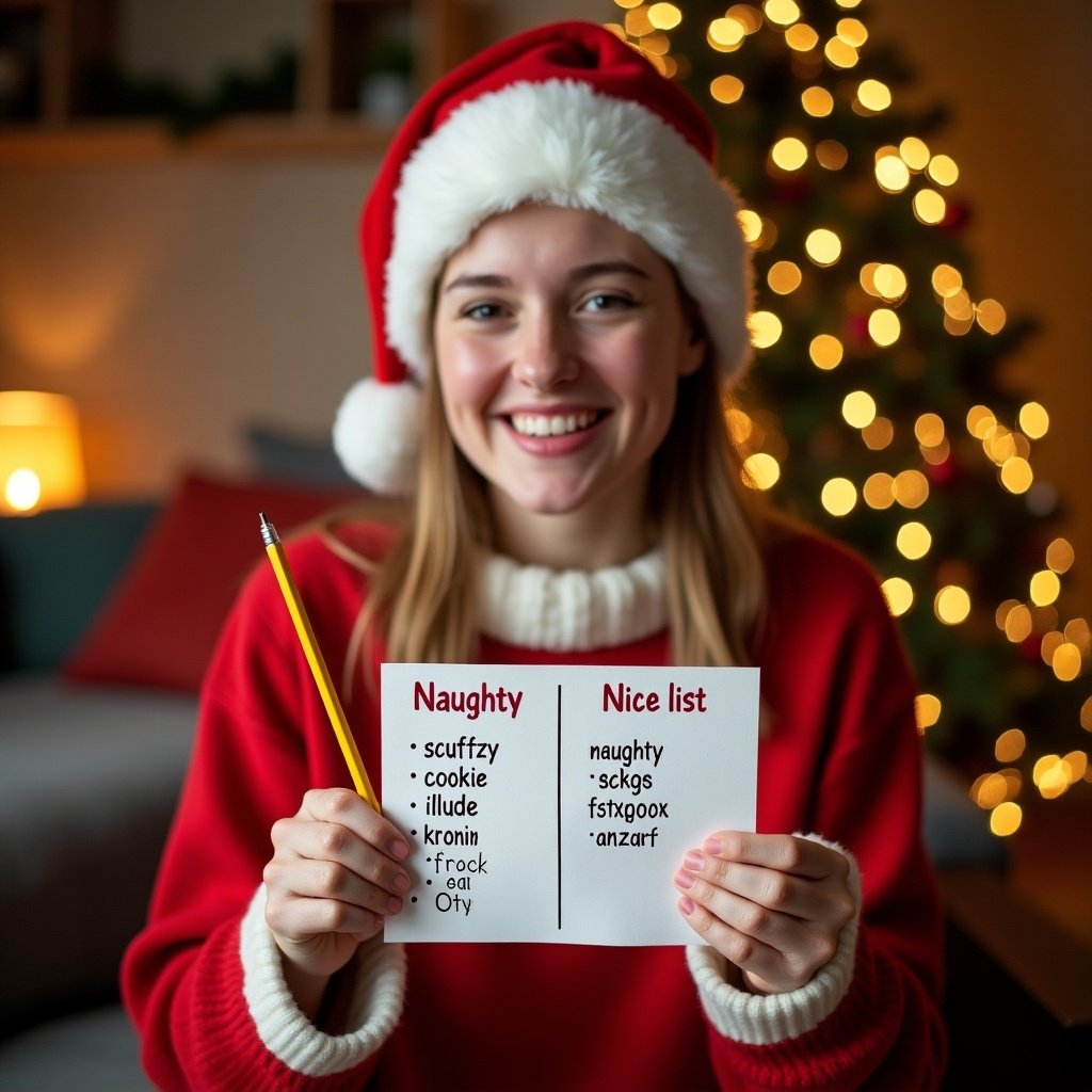 Joyful person in a red sweater holds a Naughty and Nice list. List includes names scuffzy and cookie. Cozy room with Christmas tree and lights. Warm holiday feeling present. Person wears a Santa hat and holds a pencil. Cheerful expression about holiday behavior. 