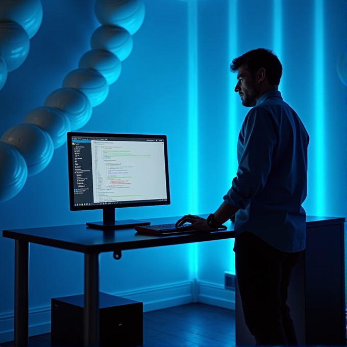 A person standing at a computer, engrossed in programming amidst a striking blue neon-lit room.