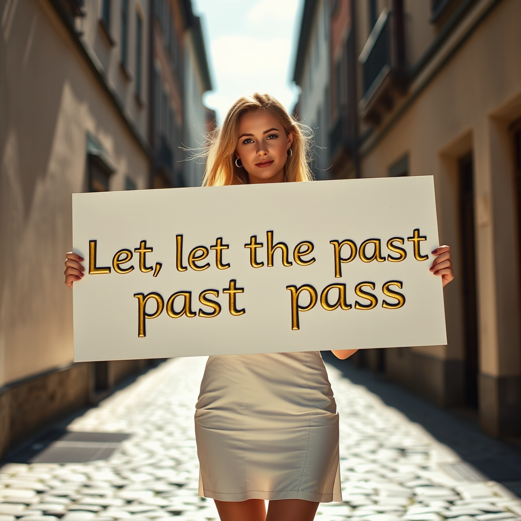 A woman stands in a narrow sunlit street holding a sign that reads, 'Let, let the past past pass.'