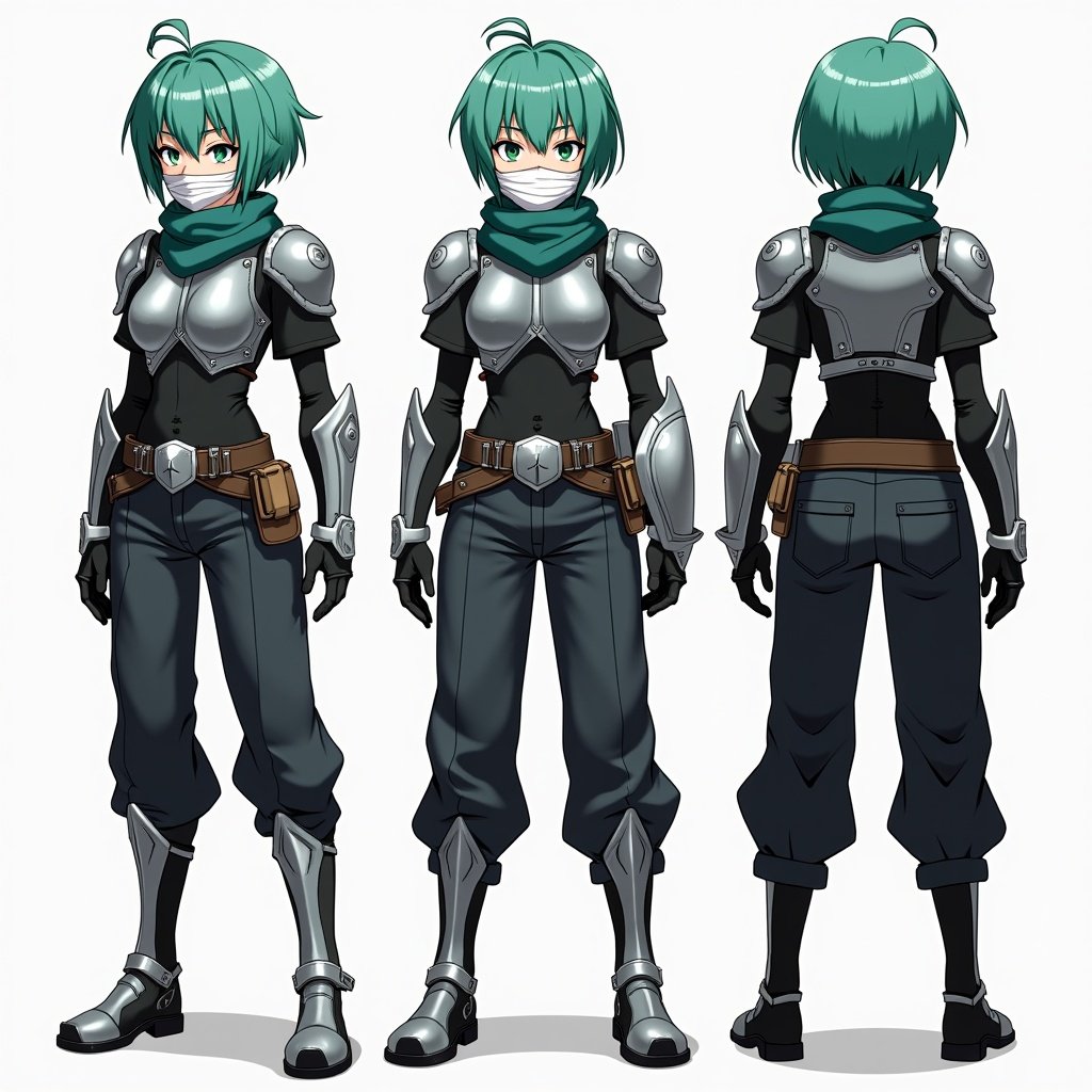 Anime mercenary tomboy character design. Sea green hair, curtain bangs, white bandage face mask, green eyes. Silver armor with shoulder pads and chestplate. Black shirt and sea green scarf. Metal gauntlets, shin and knee pads. Black baggy pants with large belt and big silver buckle. Silver shield attached to the belt. Three views: front, side, back.