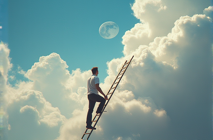 A man climbs a ladder towards the moon amidst a sky full of fluffy clouds.