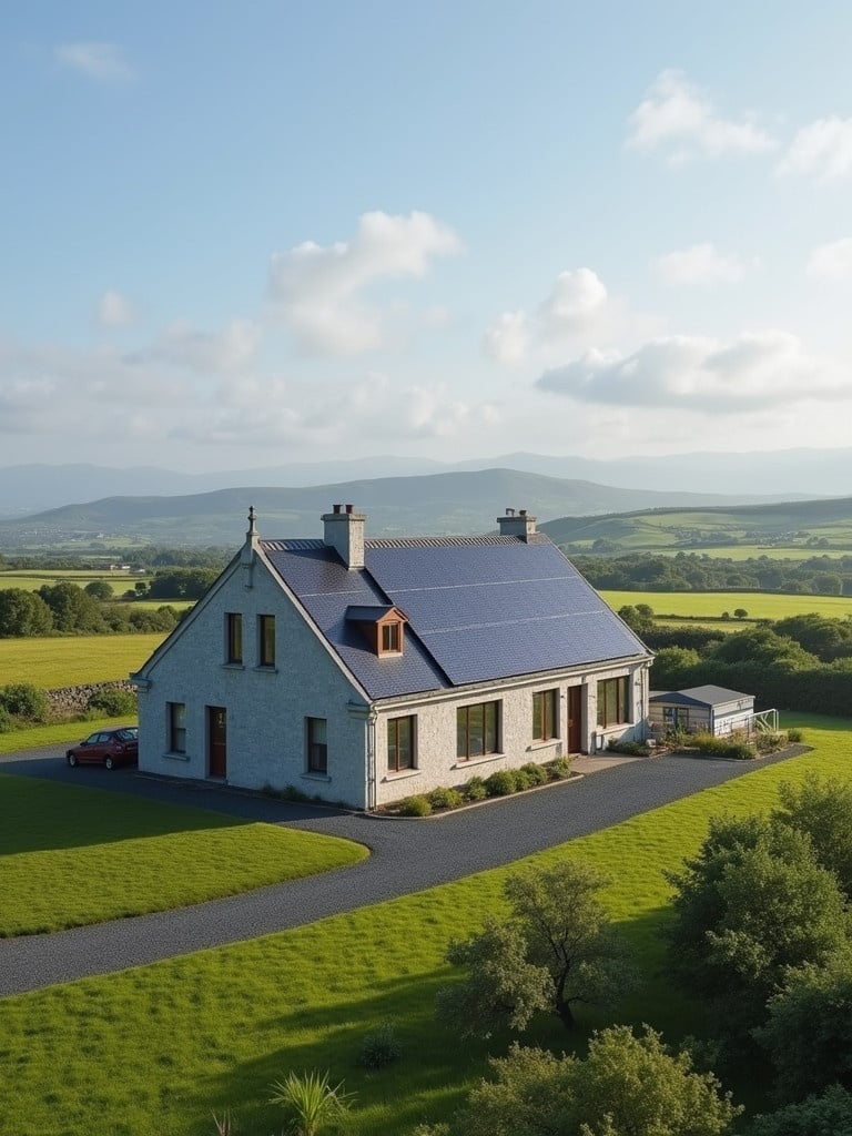 A large building with solar panels in a farm setting located in Ireland. Surrounded by green landscape and mountains. The house features modern architecture. Bright and sunny atmosphere with a blue sky.