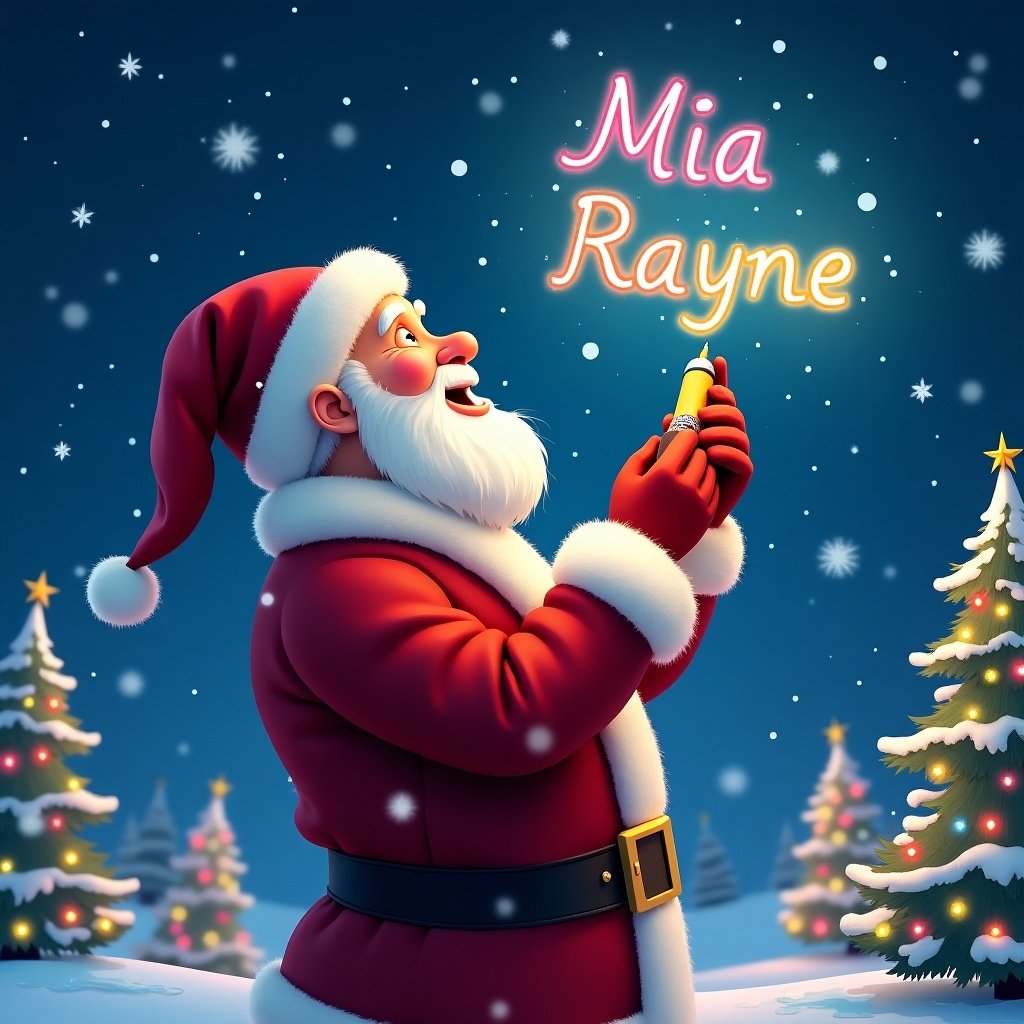 This image features a beautiful Christmas theme with Santa Claus engaged in a whimsical activity. He is joyfully writing the name 'Mia Rayne' in the sky using a colorful glow pen. The atmosphere is festive, with sparkling snowflakes falling around and twinkling Christmas trees in the background. Santa is dressed in his traditional red suit and white beard, looking up with delight at his creative work. The colorful glow of the name adds a magical touch to the winter night scene. This illustration captures the essence of holiday cheer and personal touch during the Christmas season.