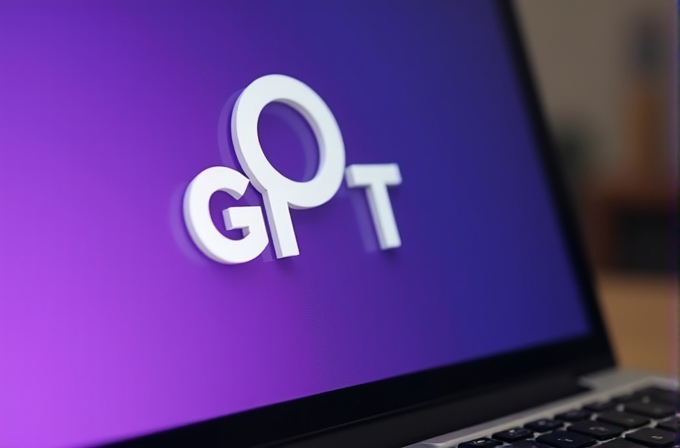 A computer screen displays a 3D rendered logo with the letters 'G', 'P', and 'T' on a gradient purple background.