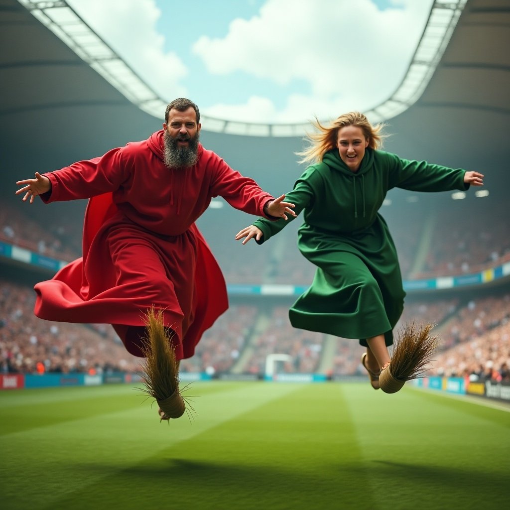 Two individuals soar on broomsticks within a stadium. One wears a bright red robe the other wears a green robe. The stadium is filled with spectators. The scene conveys a sense of magic and friendly competition.