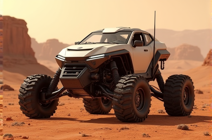 A futuristic off-road vehicle with large tires and a sleek design, set against a desert landscape.