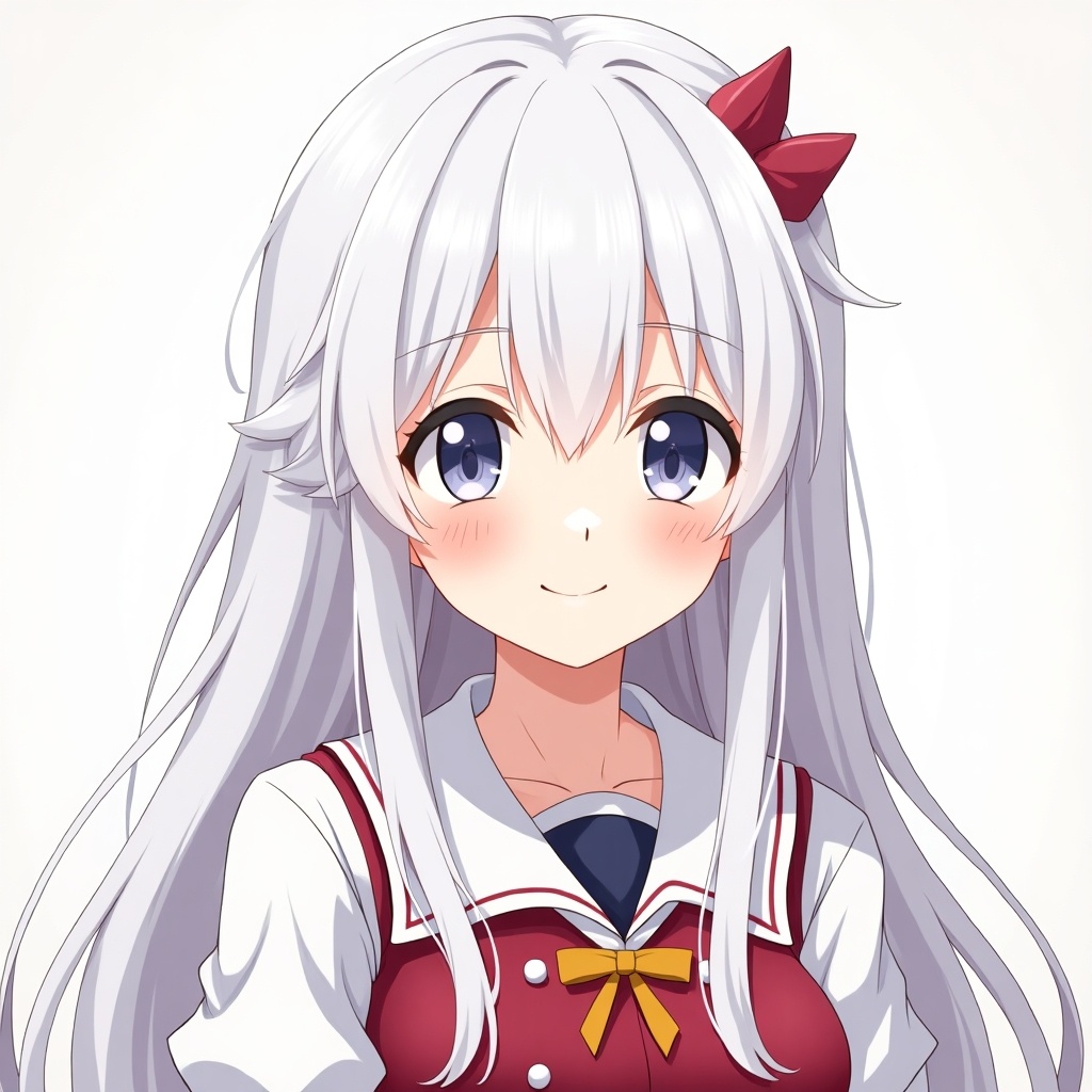 Anime girl has white hair and smiles while wearing an idol costume. The art style is distinctly anime.