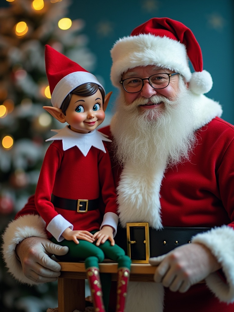 Image features two elf figures at the North Pole with Santa Claus. The scene is festive and colorful. Soft lighting enhances the warm atmosphere.