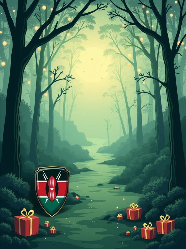 Serene Christmas scene features pine trees shades of green with Kenyan flag shield gifts along the forest pathway soft lighting