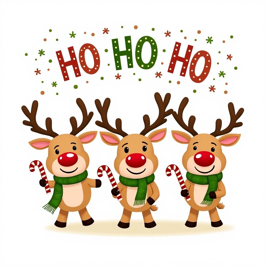 Three cartoon reindeer have red noses and wear green scarves. Each holds a candy cane. Above them are large colorful letters spelling 'HO HO HO' with festive accents. Reindeer express cheerfulness. The image reflects the Christmas holiday theme.