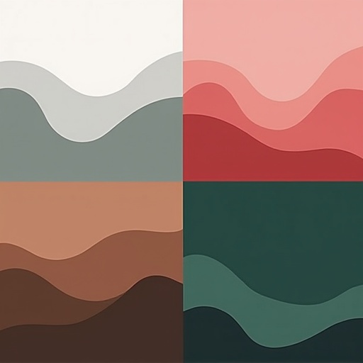 Illustration representing different noise colors for sleep aid. Image divided into four quadrants. Top-left gray waves symbolize white noise. Top-right gentle pink shapes depict pink noise. Bottom-left organic brown waves illustrate brown noise. Bottom-right calming green pattern reflects green noise. Minimalistic and harmonious design.