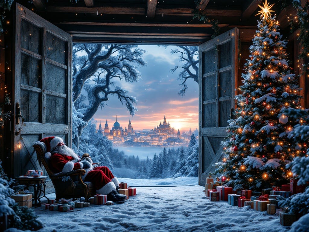 Highly realistic photo of a Christmas decorated cabin. Large open barn doors reveal multiple layered winter city. Intricate gnarled pine trees surround the scene. Santa Claus is sleeping in a chair. Large frosty Christmas tree stands in the cabin. Breathtaking fantasy artwork with high detail. 8k resolution.