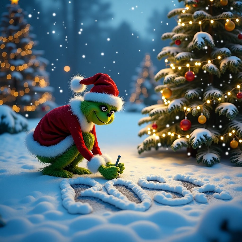 The Grinch wearing a Santa hat writes the name ROSA in the fresh snow. Background features beautifully lit Christmas trees with decorations. Snowflakes gently falling enhance the festive atmosphere.