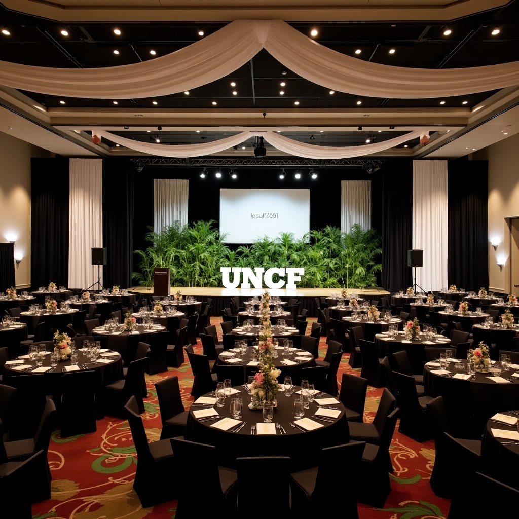 This image showcases a luxurious banquet room set up for a UNCF event. The room features tables arranged in a circular format, each set for 21 guests, adorned with floral centerpieces and elegant glassware. Black and white drapes hang from the ceiling, and wall-to-wall photos of African American graduates are prominently displayed. In front of the stage, a set of large illuminated letters spelling 'UNCF' shines brightly. A lush array of greenery decorates the stage, adding a vibrant and refreshing touch to the elegant atmosphere of the venue. The overall setup emphasizes a celebration of academic achievement and community support.