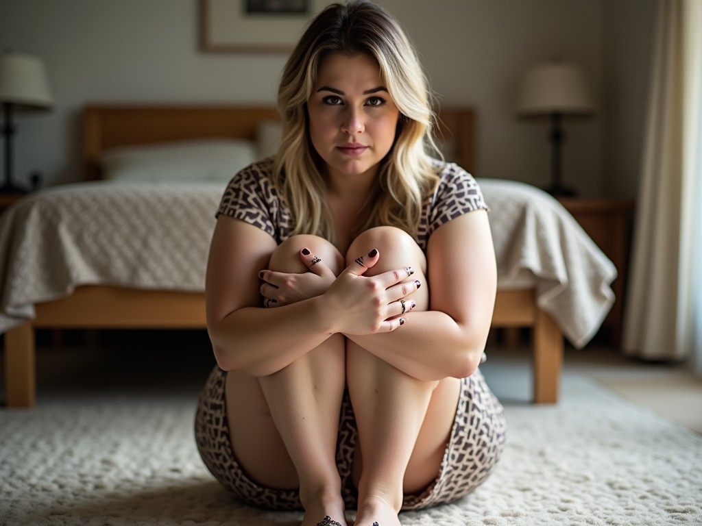 A person sits on a soft carpeted floor in a cozy bedroom, surrounded by warm tones. The natural light creates a calm atmosphere, highlighting the serene expression and thoughtful demeanor. The background features a neatly made bed with wooden elements, enhancing the homely feel.