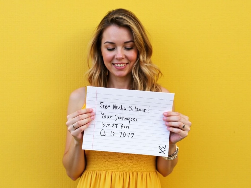 A woman smiling, holding a handwritten note against a yellow background