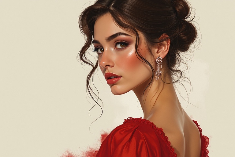 Illustration depicting elegant middle-aged Italian female in a red dress. Soft features and graceful posture show sophistication. Background is a neutral cream to highlight the figure.