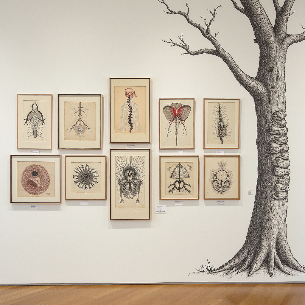 A collection of surreal anatomical drawings displayed on a wall next to a tree mural.