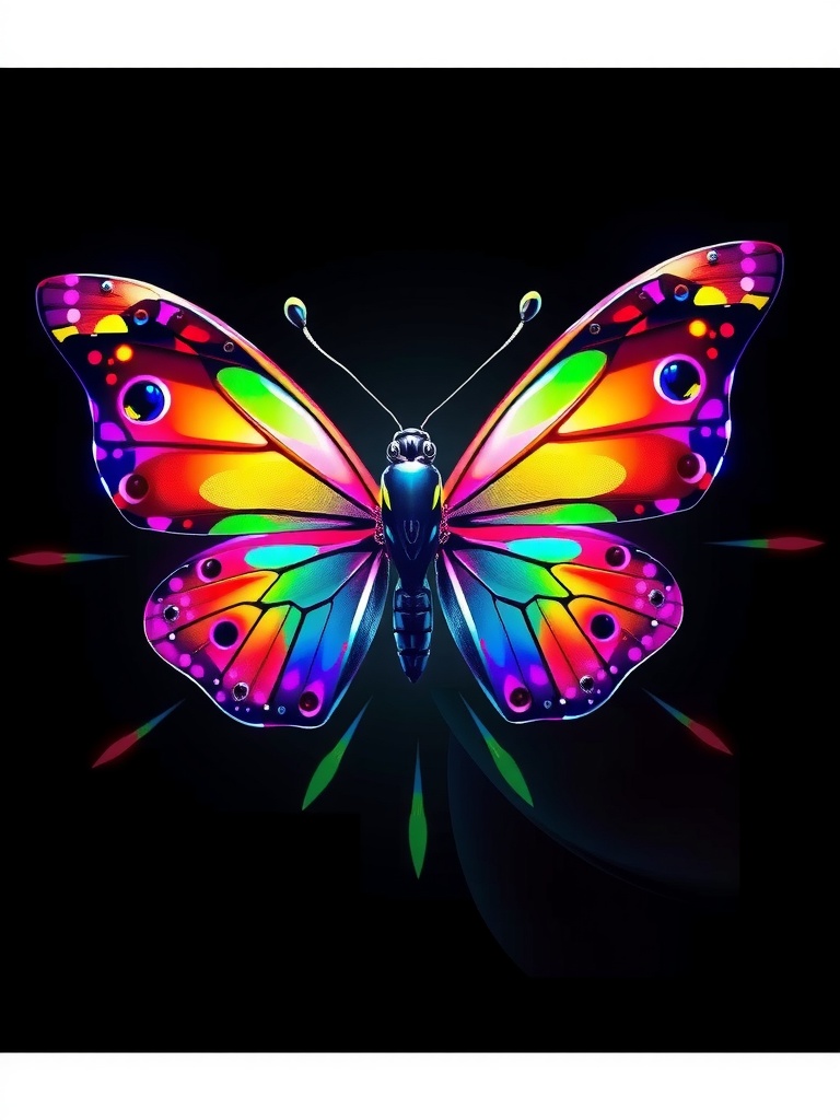 A vibrant digital illustration of a butterfly with highly saturated, multicolored wings that create a striking contrast against a dark background. The butterfly's design is symmetrical, featuring vivid hues of blue, red, green, purple, and yellow. The lighting highlights the glossy texture of the wings, giving the image a glowing, ethereal feel.