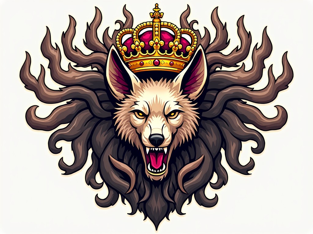 This image features a stylized illustration of a fierce wild dog serving as a royal emblem. The wild dog has a powerful expression, showcasing its sharp teeth. Above the head of the dog rests an ornate crown, symbolizing royalty. The background is dominated by flowing, dark mane-like elements that add drama to the design. This artwork blends a sense of fierceness with regal tones, making it a striking representation suitable for various applications.