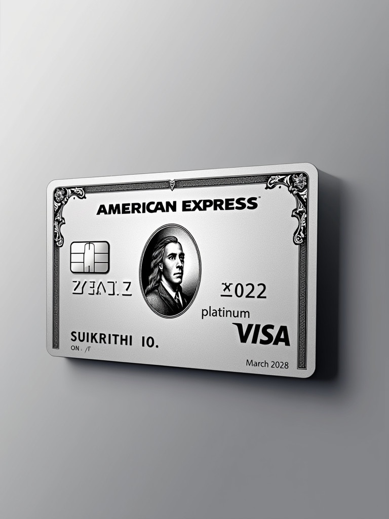 Realistic image of a platinum American Express credit card with a prominent Visa logo. Cardholder name sukruth and expiry date March 2028 are visible. Silver background and bold black font convey modern elegance.