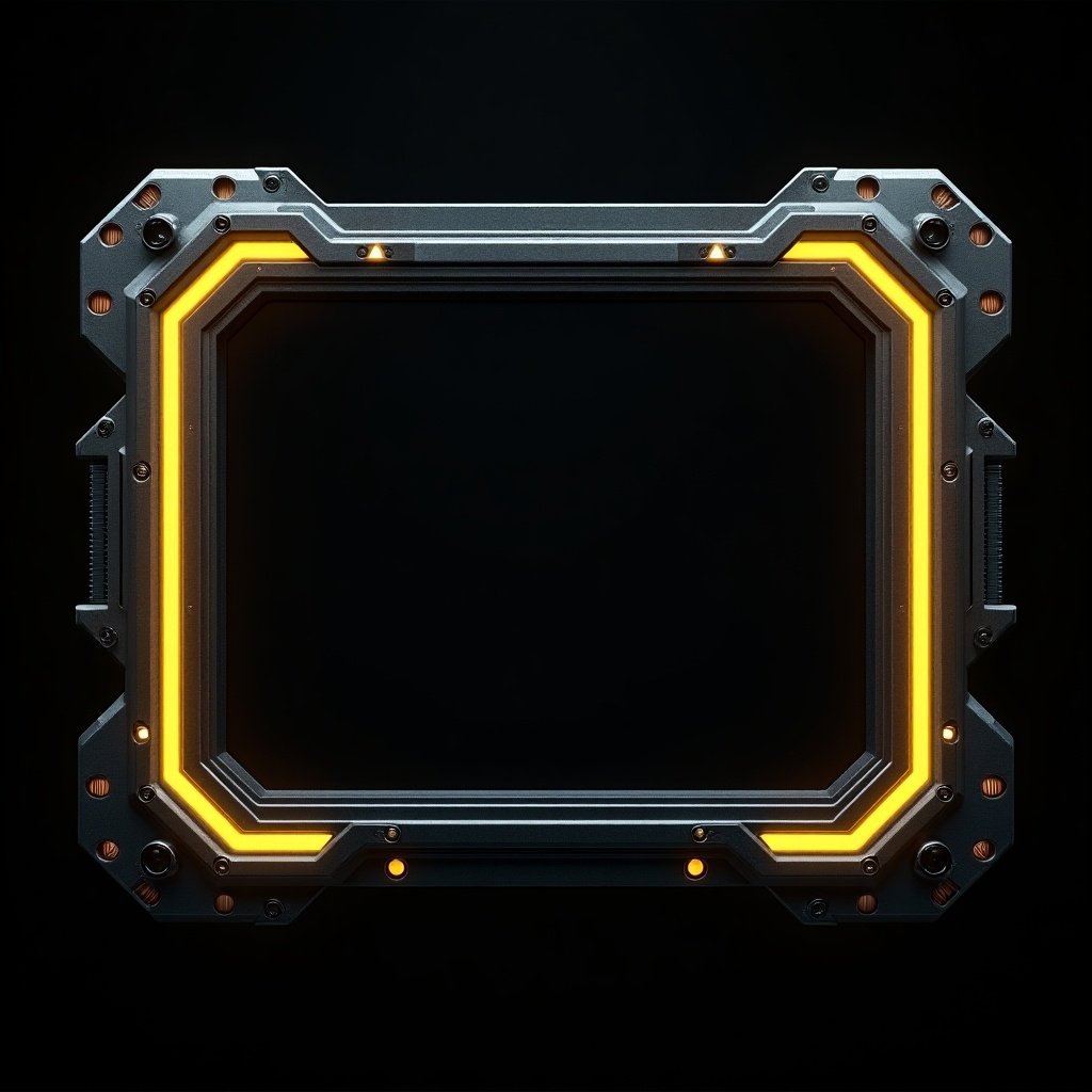 Futuristic sci-fi themed rectangular frame with glowing yellow neon accents and metallic black background. Frame features intricate mechanical details and bolts. Central area is dark for content. Design is symmetrical and sleek.