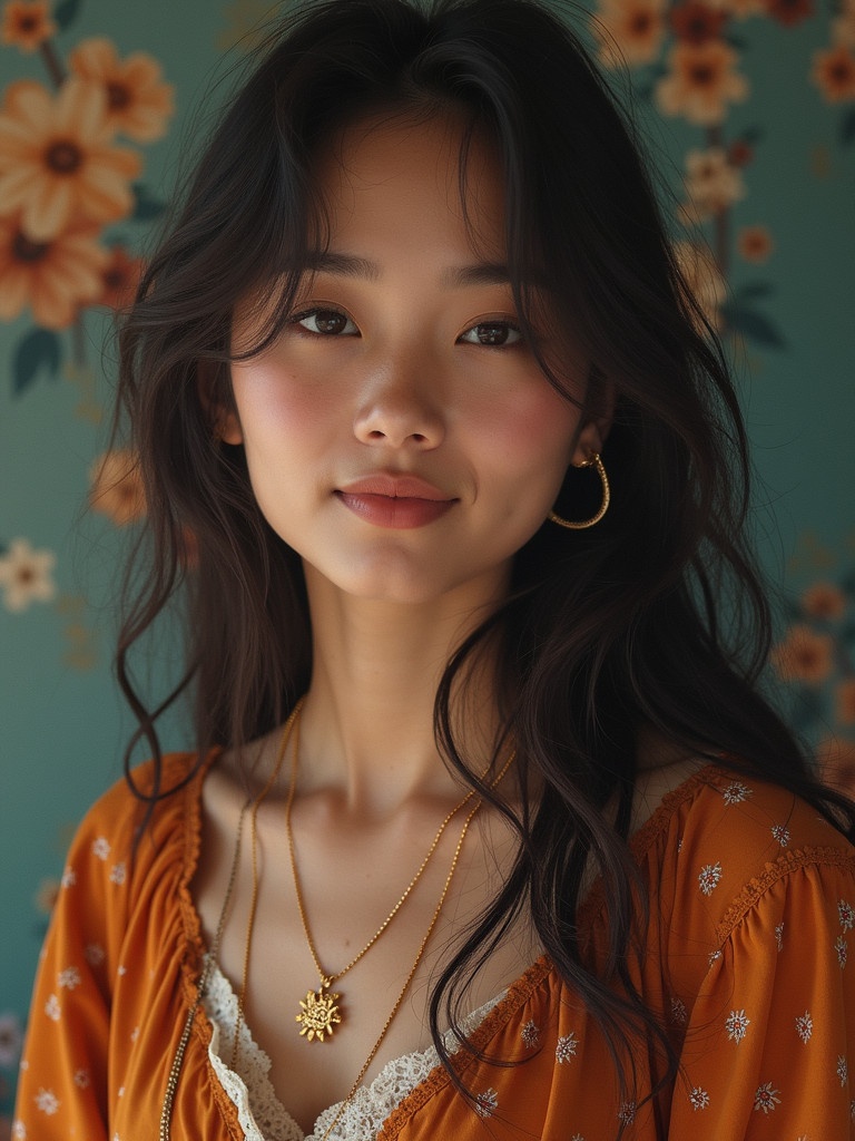 Portrait of a woman with long dark hair. She wears an orange blouse with floral patterns. Several gold necklaces adorn her neck. The background features a vibrant floral design.