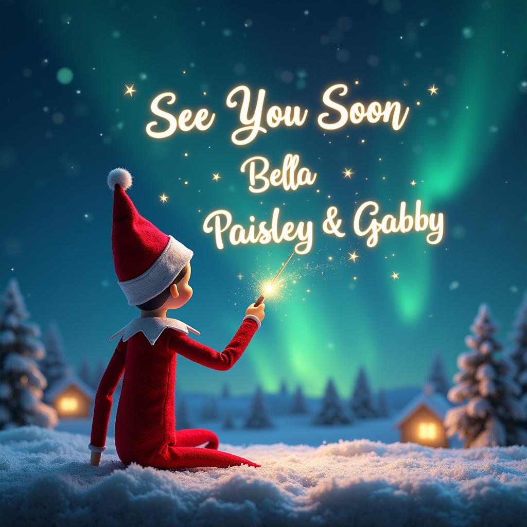 This enchanting image depicts an Elf on the Shelf character, charmingly positioned with its back to the viewer. The elf is dressed in a classic red outfit and is joyfully gazing up at a starry night sky. Holding a shimmering wand, it magically writes names in the air: 'See You Soon Bella, Paisley & Gabby.' The backdrop is filled with a beautiful snowy landscape featuring twinkling lights of quaint houses and mesmerizing northern lights illuminating the scene. This image captures the essence of Christmas charm and wonder, perfect for holiday celebrations. The overall feel is warm, nostalgic, and delightfully magical, evoking feelings of holiday cheer and excitement for all ages.