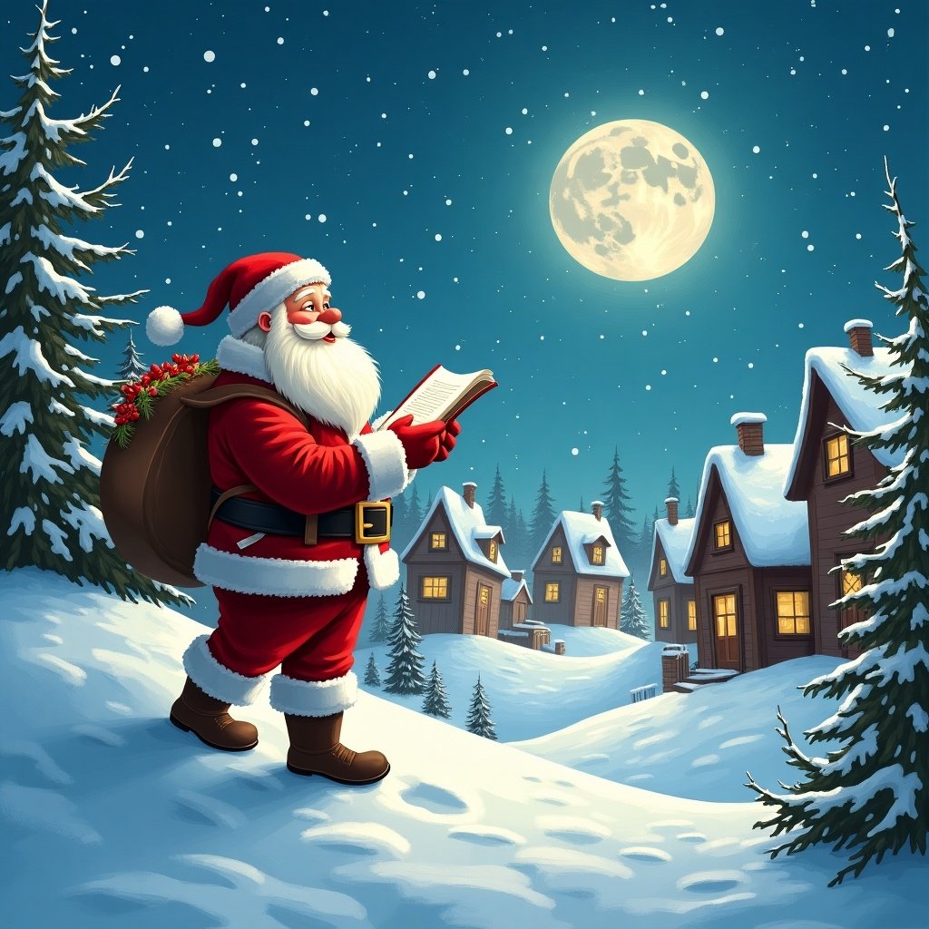 Festive scene captures holiday spirit. Santa in a snowy village writing Bhavya in the sky.