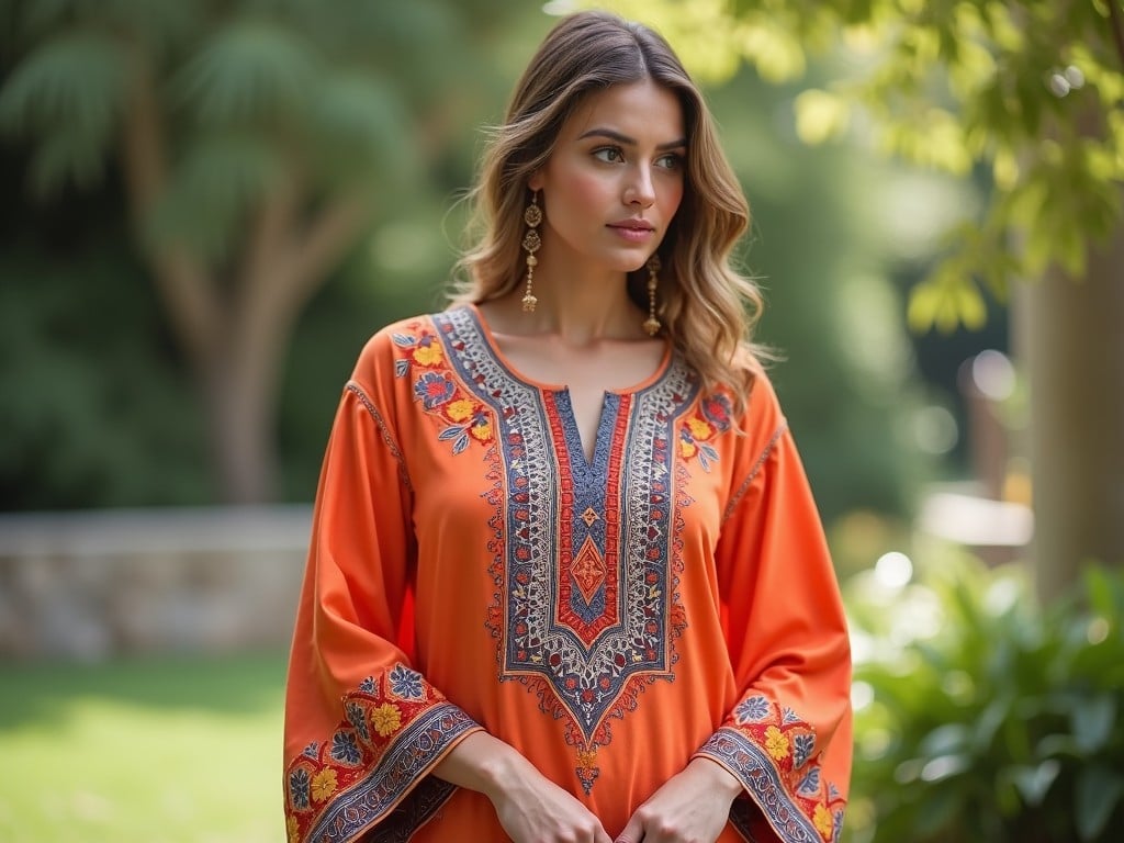 The image showcases a woman wearing a brightly colored Muslimah raglan sulam tunic, featuring intricate embroidery. The tunic is a vibrant orange, adorned with beautiful patterns that reflect cultural heritage. The woman appears confident and serene, standing amidst a lush green garden. Soft natural light enhances her features and the details of the tunic. Her hair is styled elegantly, complementing her overall look, while earrings add a touch of sophistication.