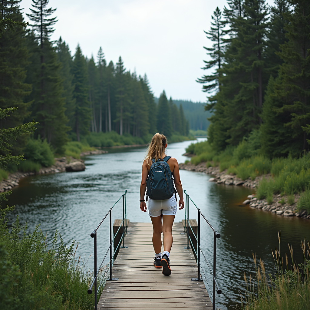 A woman with a backpack walks on a narrow wooden dock over a serene river surrounded by lush green trees.