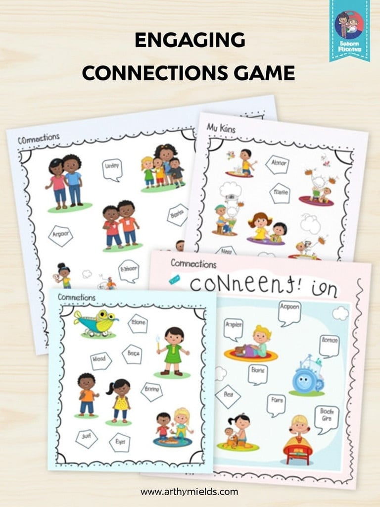 Game for kids featuring illustrations of children engaging in different activities. Includes diverse characters representing social interactions and connections. Worksheets display playful scenes that enhance learning and interaction skills. Suitable for educational settings.