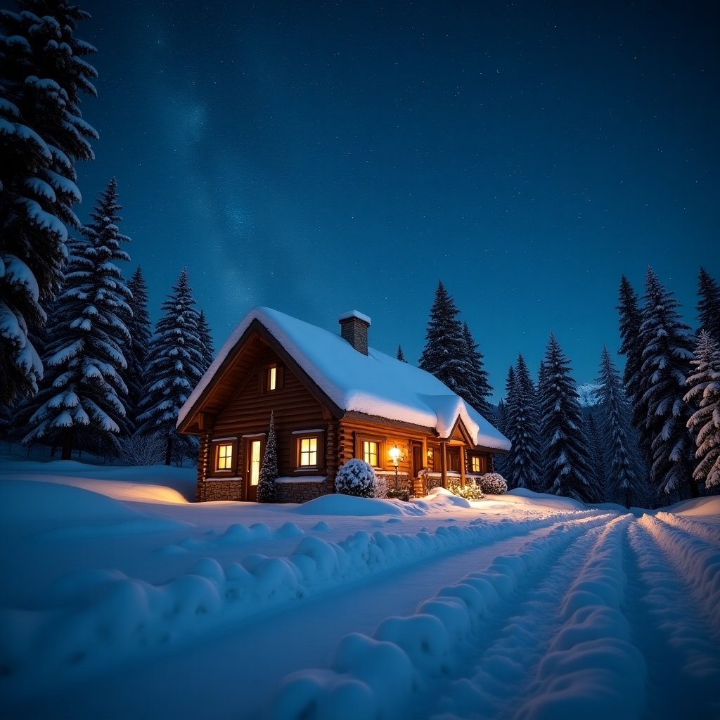 A starry night sky over a snowdrift. A log cabin in the background surrounded by tall evergreen trees. Snow covers the ground.