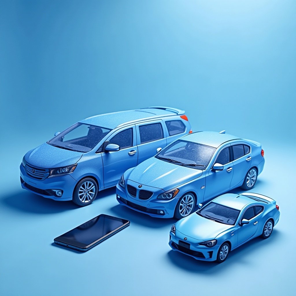 Blue color predominates the image. Focus on toy cars with a similar shade. Include a smartphone alongside them. Arrange the toys aesthetically.