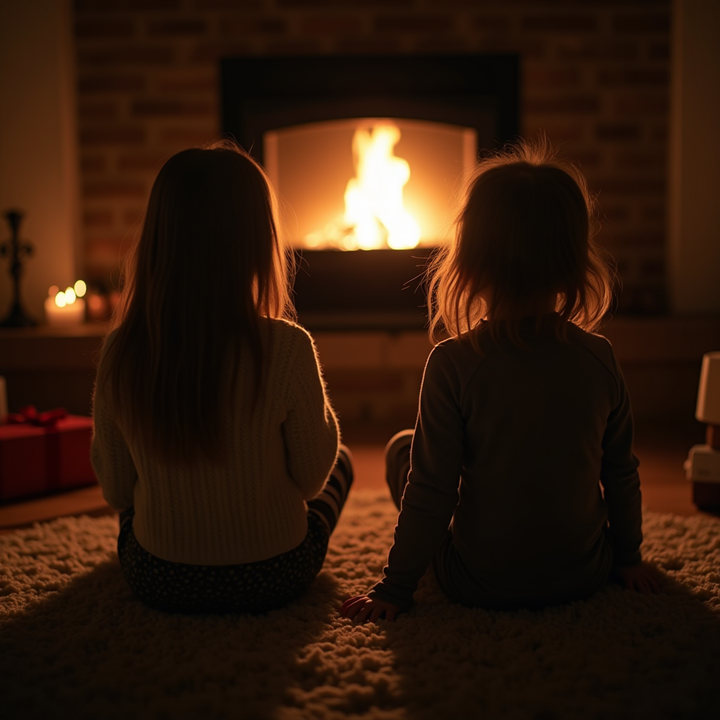 Two children sit on a soft rug, backs towards the viewer, gazing at a cozy fire in a brick fireplace, with warm ambient lighting creating a serene atmosphere.