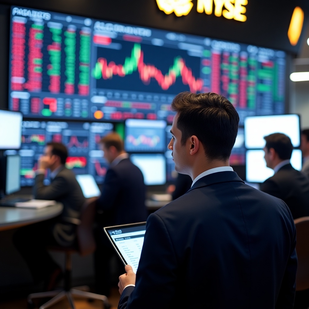 The image shows a professional trader engaged in stock market trading. He is standing in front of multiple screens displaying stock data with green and red indicators. The background features several traders intensely focused on their tasks. The setting is dynamic and modern, resembling a stock exchange environment. The trader holds a tablet, suggesting the use of technology for trading and analysis. The atmosphere conveys professionalism and a fast-paced financial environment.