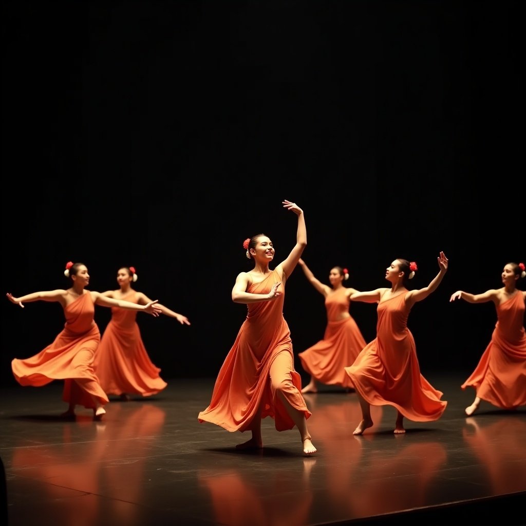 Group of dancers in traditional attire. Performing classical dance on stage. Stage dimly lit. Spotlight on central dancer in striking pose. Dancers wear orange costumes. Movements suggest flowing energy. Dark background enhances focus on dancers.