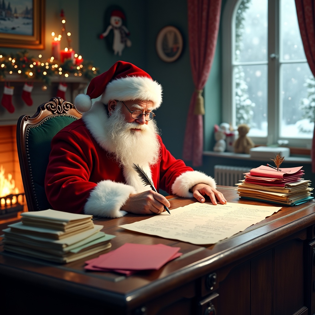 Christmas scene with Father Christmas writing a list at a desk near a fireplace. Festive decorations surround the room.