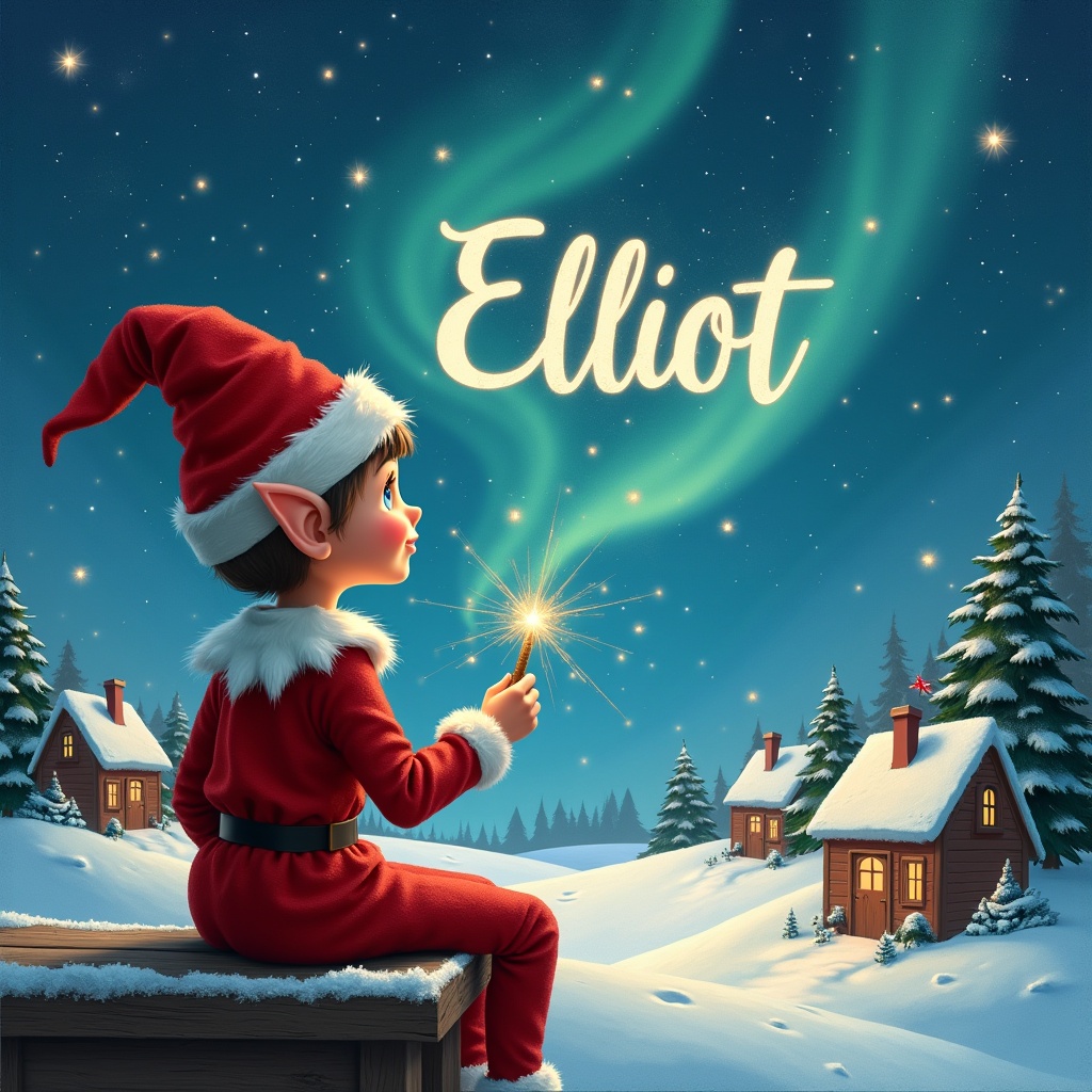 An elf in a red outfit sits on a wooden ledge. The elf gazes at a magical sky, holding a sparkling wand. The wand writes 'Elliot' in the night sky. The scene includes snowy landscape with charming houses and evergreen trees. Northern Lights are visible in the background. The elf adds other names enhancing the whimsy of the scene.