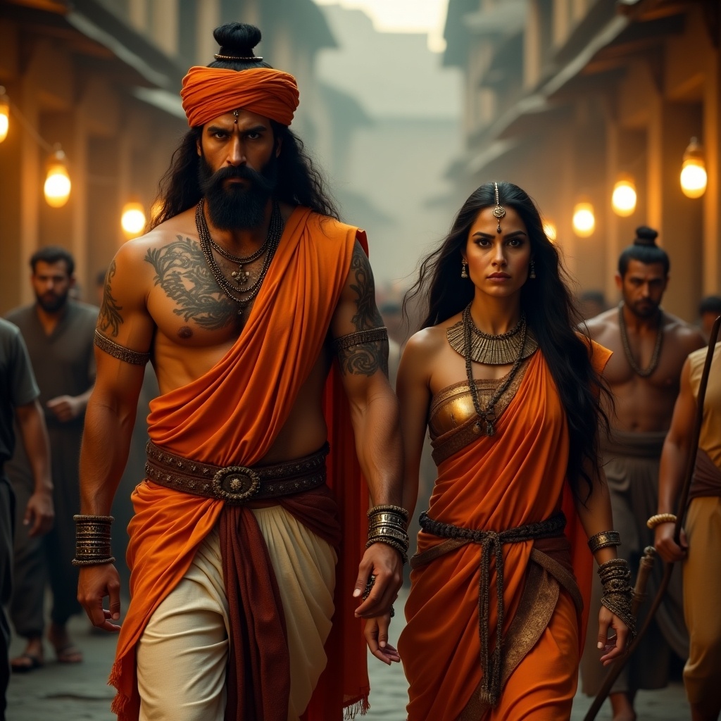 King Vikramaditya, a muscular royal man in traditional Indian attire walks with his queen in a medieval street at night. The scene is dimly lit, with faint golden glows from hanging lanterns. Vikramaditya holds a wooden staff, looking determined and thoughtful. His queen displays a serious expression, charging forward.