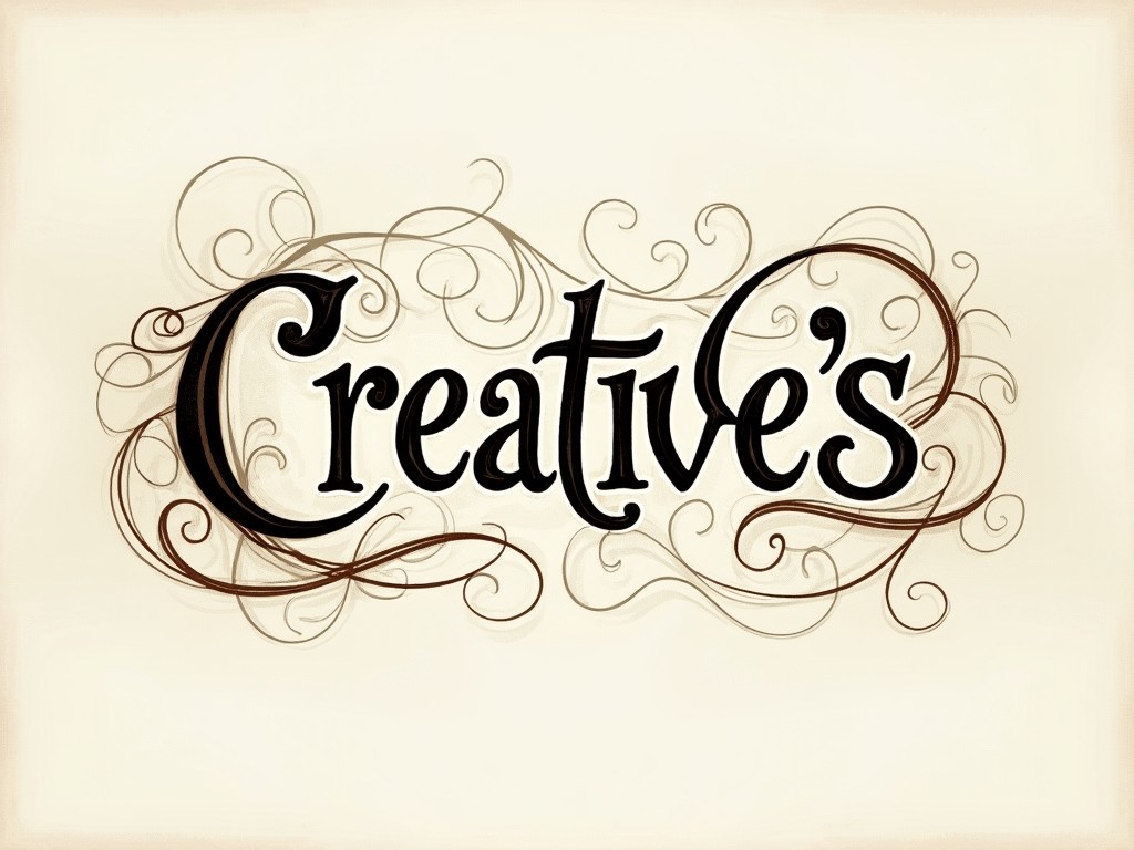 The image showcases the word 'Creative's' in a beautifully styled font. It features intricate swirls and flourishes that add a decorative touch. The color palette consists of soft beige with dark brown accents, creating a warm and inviting feel. This design is perfect for artistic endeavors, emphasizing creativity and artistry. The overall look is elegant and visually appealing, making it suitable for various creative industries.