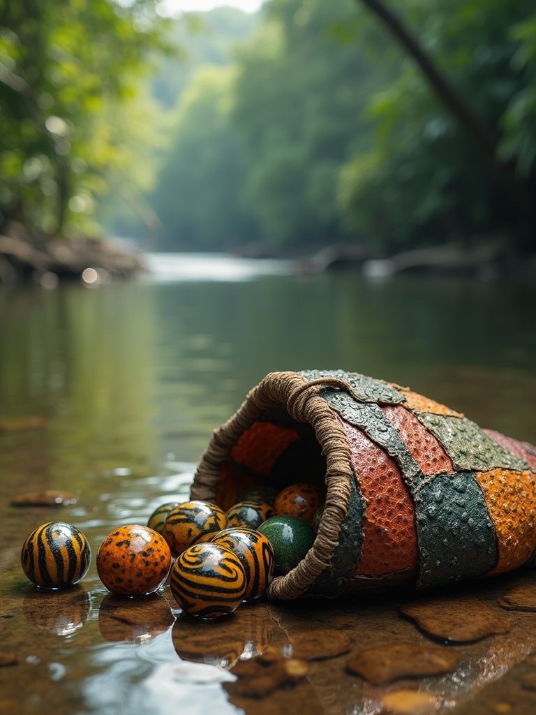 Hyper-realistic round marbles made of striped tiger shark skin spill from a worn sack. The sack is made of various types and colors of natural shark skin scraps. The setting is a river basin reminiscent of the Amazon.