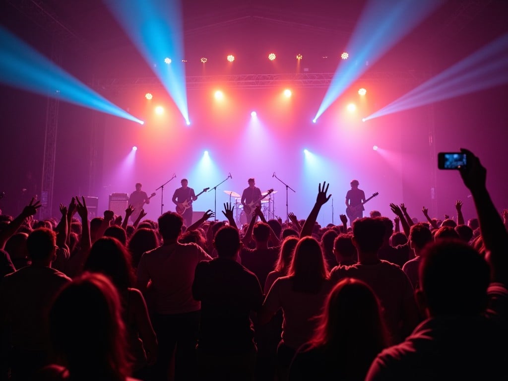 A vibrant concert scene unfolds with a large crowd enjoying the music. On stage, a band performs, silhouetted against an array of colorful lights. The audience is energized, raising their hands in excitement. The dynamic lighting includes purple, blue, and orange hues that create a festive atmosphere. It's an engaging moment capturing the essence of live performances and the joy of music.