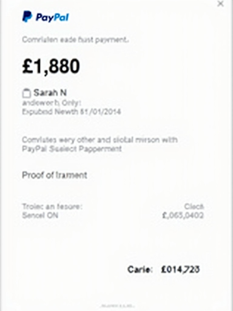 This image shows a digital payment proof from PayPal. The document is a transaction receipt of £1,880 directed to Sarah N. The design reflects PayPal's standard appearance. The payment details are easy to read with a clear layout and bold text.